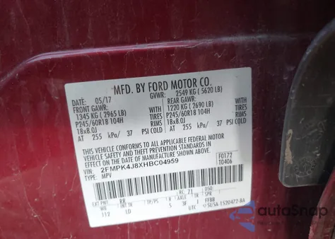 2017 Ford Edge Sel из США, поврежденный, VIN 2FMPK4J8XHBC04959